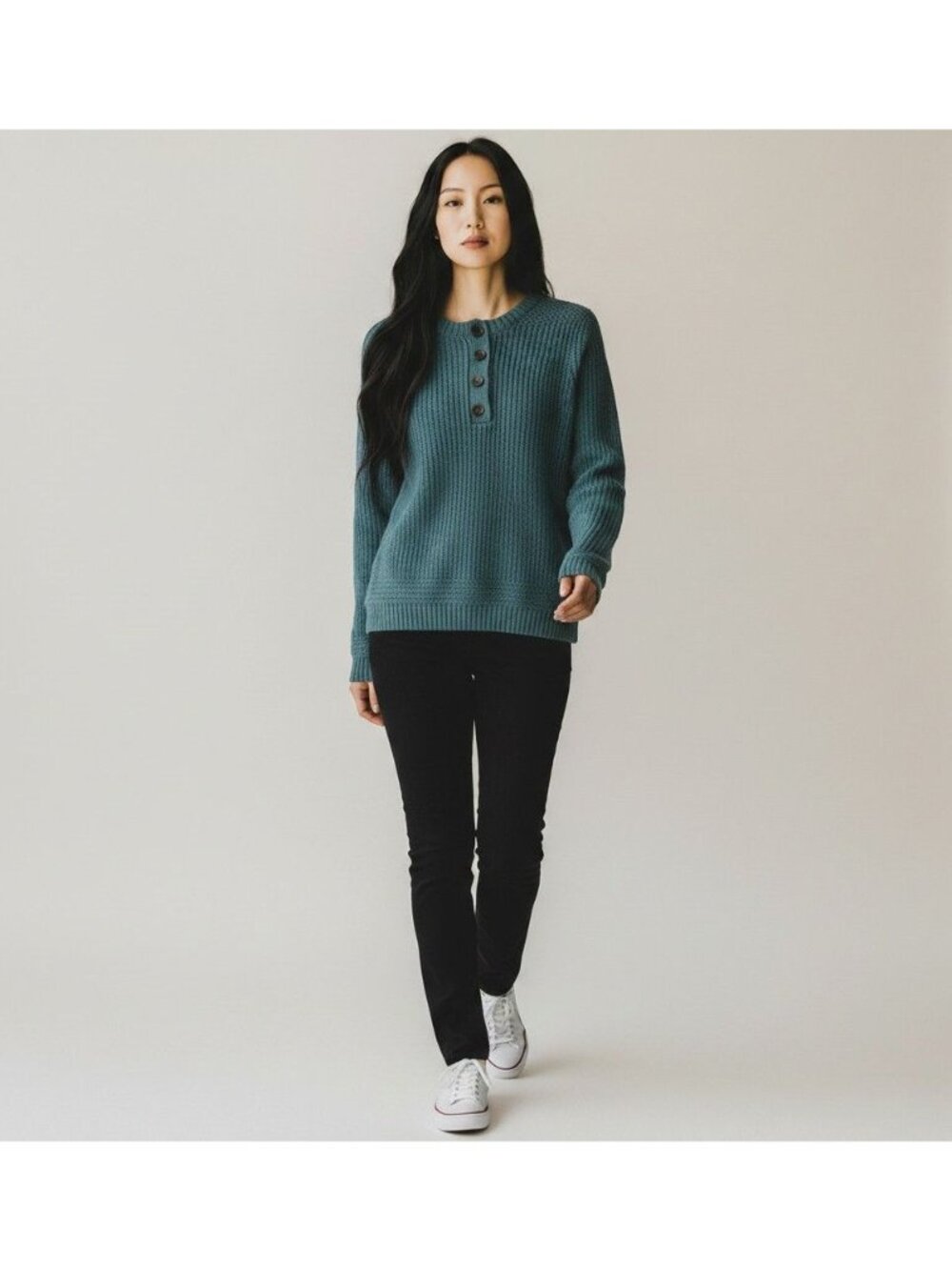 Natural Reflections Womens Green Ribbed Knit Button Henley Sweater M 1/4 button